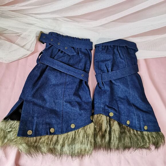 Vintage Y2K Denim Leg Warmers with Faux Fur Trim Rare Harajuku Kawaii Streetwear - Picture 4 of 12